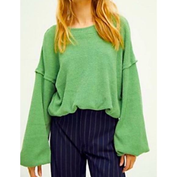 Free People Tops - Free People Beach Happy Pullover Sweatshirt Women's Size XL Green Balloon Sleeve